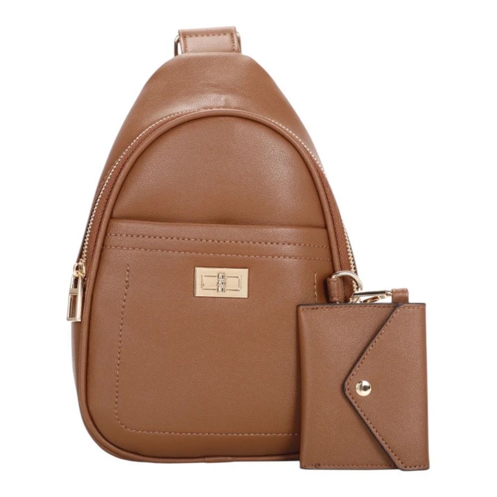 La Terre Nylon Crossbody Sling Backpack Bag & Coin Purse Faux Leather Brown EUC